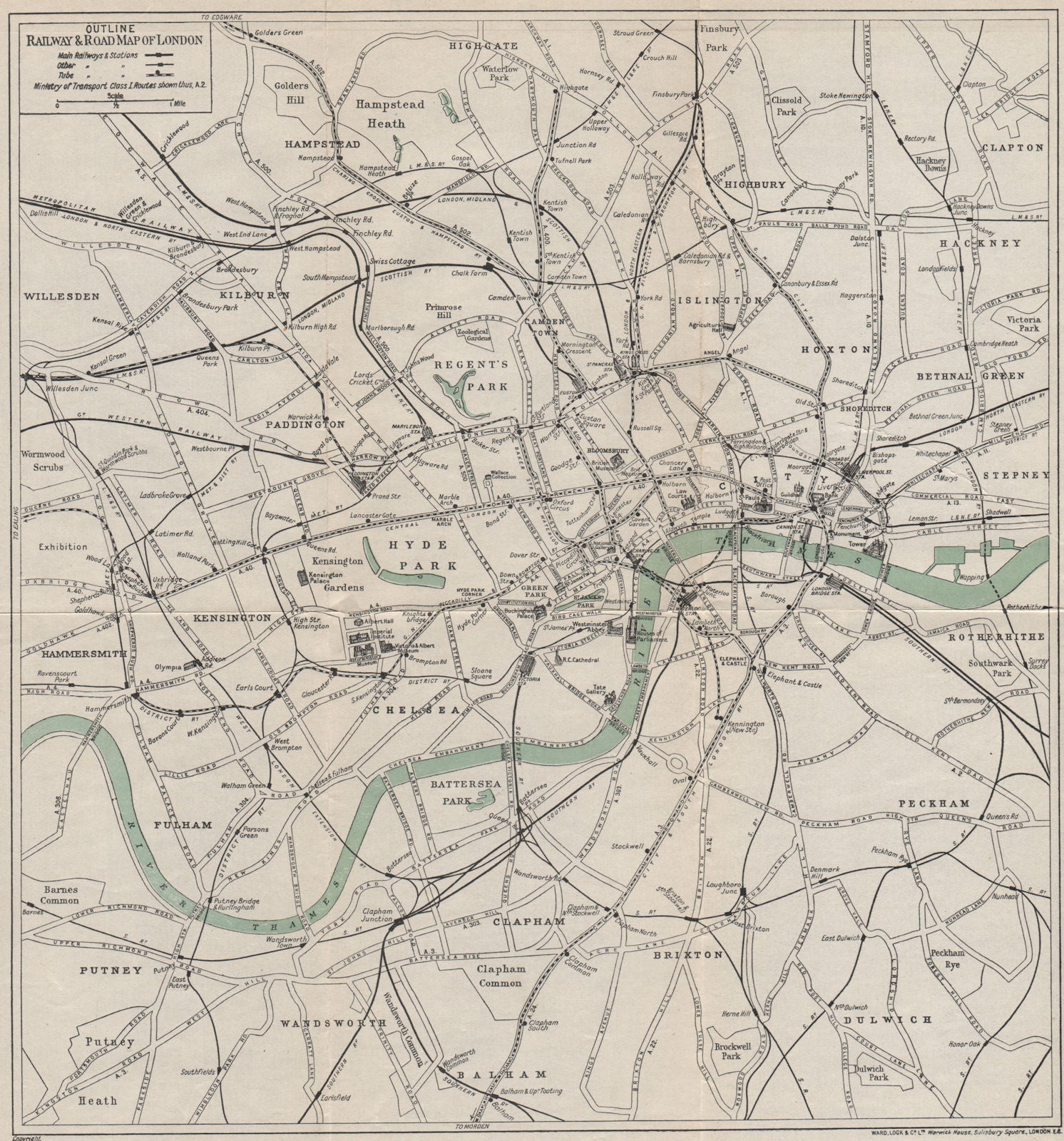 CENTRAL LONDON RAILWAY & ROAD MAP. Underground tube. WARD LOCK 1930 old